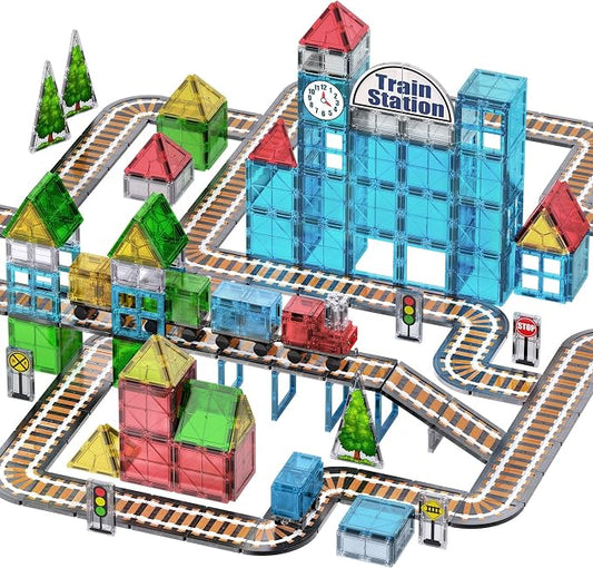 SKTMYY Train Toy Magnetic Tiles for Kids Ages 4-8 with Train Station Tracks | Magnet Building Blocks with Cars Signal Preschool Classroom STEM Montessori Toys Birthday Gifts for Boys Girls Toddler 3-5