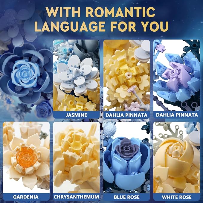 Blue Moon Flower Building Set, Botanical Collection Artificial Flowers Building Blocks Kit Compatible with Lego for Adults Home Décor Wall Art Decoration