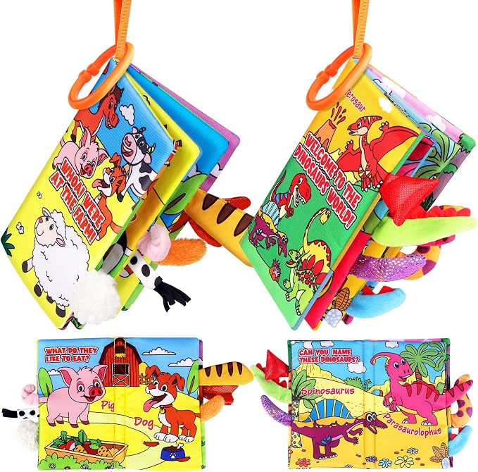 Vanmor 2 PCS Crinkle Baby Books 0-6 Months, Sensory Touch Feel Busy Soft Activity Book for Infants, Dinosaur & Farm Travel Toys, Newborn Must Haves Shower Gifts for Baby Boy Girl