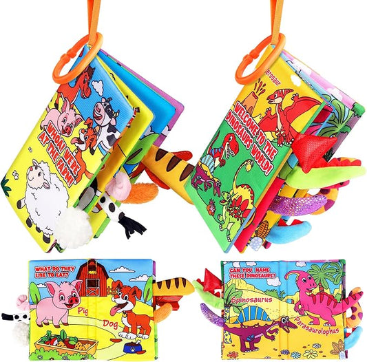 Vanmor 2 PCS Crinkle Baby Books 0-6 Months, Sensory Touch Feel Busy Soft Activity Book for Infants, Dinosaur & Farm Travel Toys, Newborn Must Haves Shower Gifts for Baby Boy Girl