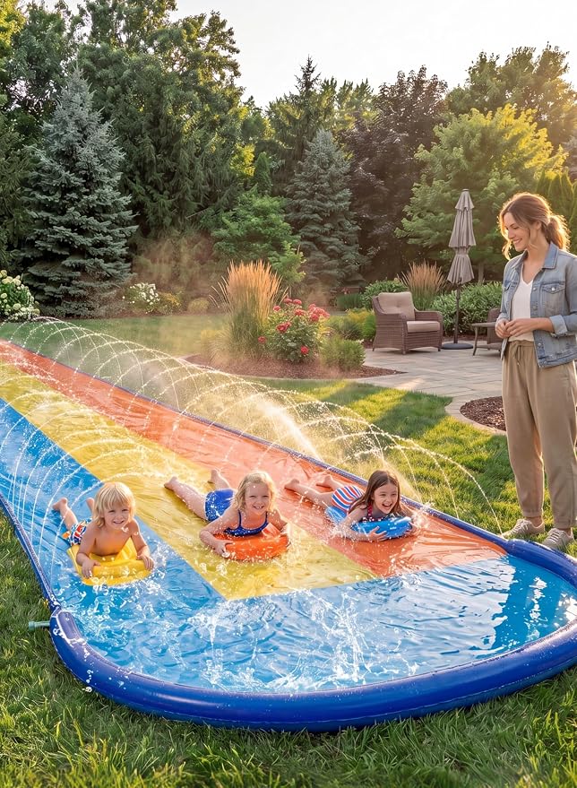 Sloosh Triple Water Slide with 3 BodyBoards, 18FT Lawn Slip Water Splash Slide Summer Toy Splash Pad with Build in Advanced Sprinkler for Kids Adults Backyard Summer Water Fun