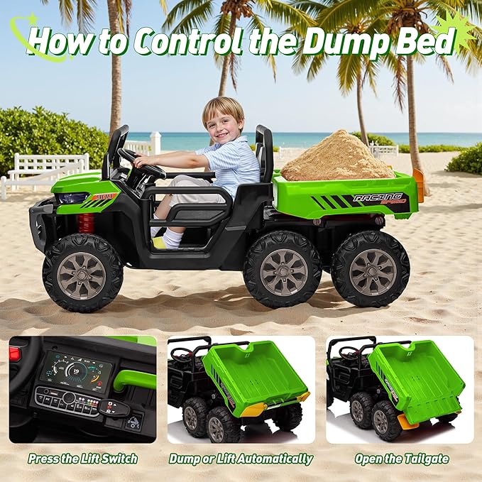 24V Ride On Dump Truck Car for Big Kids 2 Seater XL, 4WD 6-Wheels Battery Powered Ride On Toy with Remote Control, 800W Powerful Motors, Dump Bed & Shovel, Electric UTV for Boys Girls