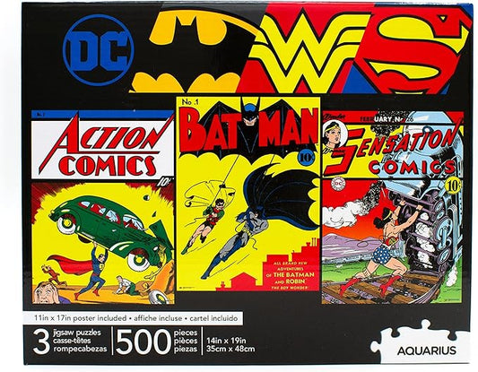 DC Comics 3 x 500 Jigsaw Piece Jigsaw Puzzle Set with Bonus Poster – Superhero Puzzle Pack for Adults, Kids & Families | Superman, Batman & Wonder Woman by Aquarius