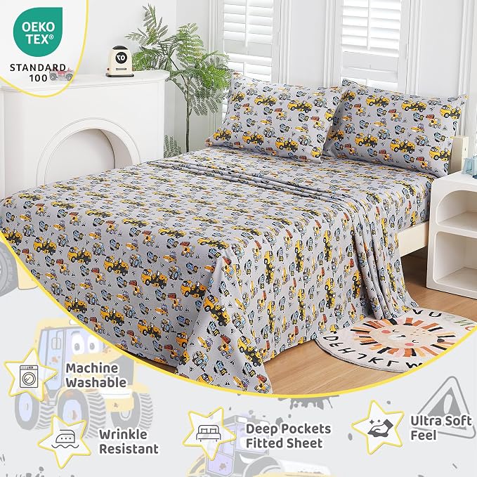 Viviland 3 Pieces Boys Grey Truck Twin Sheet Set - Soft Microfiber Fitted Flat Sheets & Pillowcase Bed Sheet Set - Heavy Duty Vehicle Print Bedding Sets for Kids