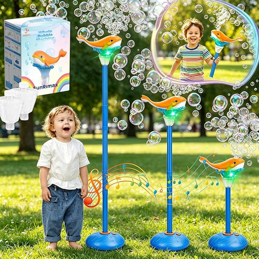 Standing Bubble Machine for Kids Outdoor, Whale Bubble Torch with Light Lamp Music, 47" Adjustable Height Automatic Bubble Blower Maker Fountain Tower, Stand Up Outside Bouncer Handheld Lanterns Toys