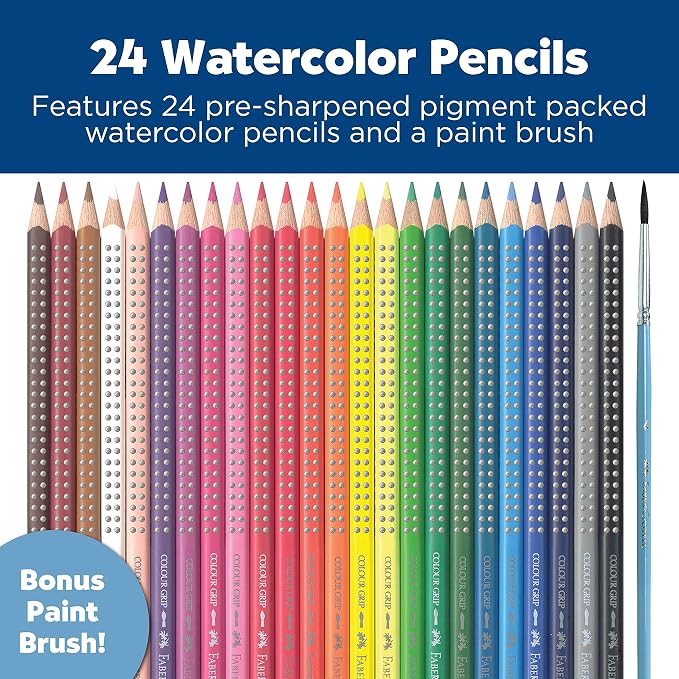 Faber-Castell Grip Watercolor EcoPencils | 24 Watercolor Pencil Set with Brush | Draw, Blend & Paint | Kids Art Set, Art Supplies for Kids | Beginner Kit (Ages 5+)