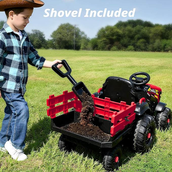 Hikiddo 24V Kids Ride on Tractor Toy, Electric Tractor for Kids 3-8 with Trailer, 2x200W Motors - Red