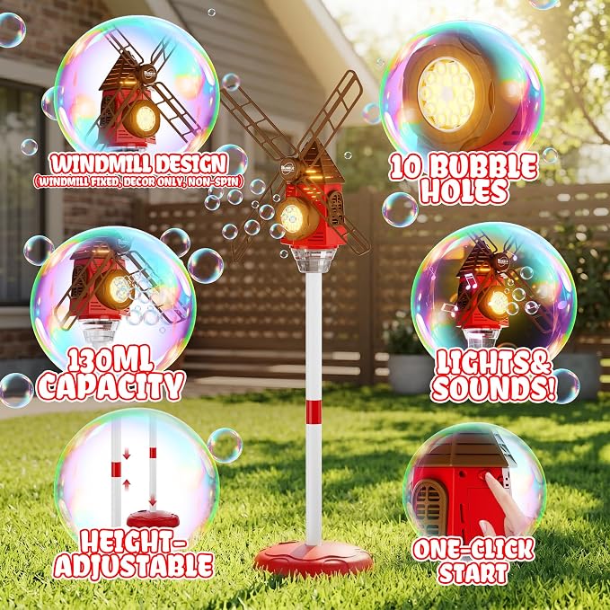 Belemar Windmill Bubble Machine Toys for Kids, Bubble Blower with Lights & Music, Adjustable 51" Height, 130ml Large Tank, Bubble Solution Included, Bubble Show for Parties & Birthdays