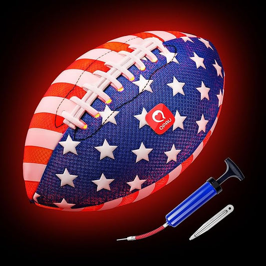QPAU Glow in the Dark Football – Size 6 for Kids Ages 6-12, Strong Grip Light Up Night Game Ball, Backyard Camping Outdoor Toy, Pump and Batteries Included, Birthday for Boys Girls