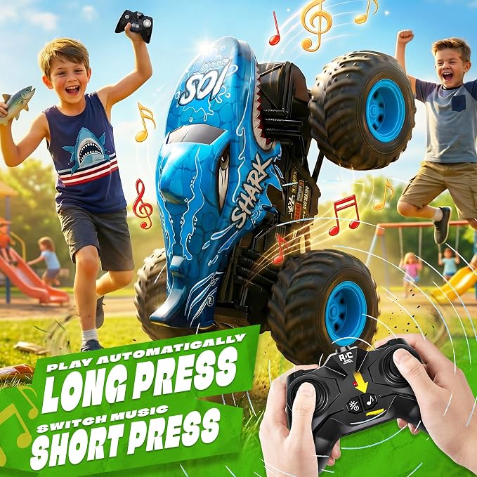 BEZGAR Monster Truck Toys - Remote Control Monster Truck with Light & Music, Dinosaur Toys for Kids, 1:20 Scale RC Truck with 360° Spins and Drifting, Remote Control Car for Boys (Blue)
