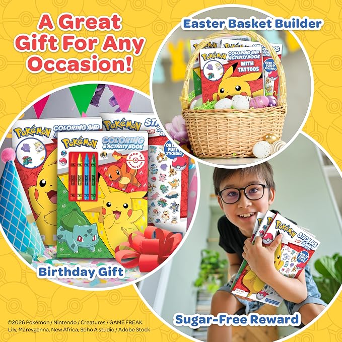 Pokémon Coloring Book Bundle for Kids - 3-Pack Activity Set with Coloring Books, Tattoos, Crayons, and Puffy Stickers, Ages 3+
