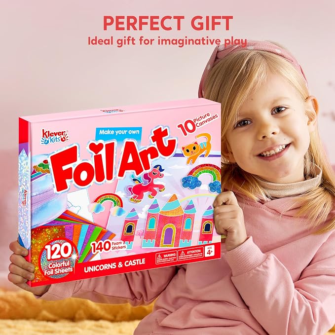 Klever Kits Foil Art Kit for Kids - Arts & Crafts Supplies, Mess Free Coloring, Foil Foam Stickers, Creative Travel Toys, Birthday Gifts for Boys & Girls Ages 4 and Up