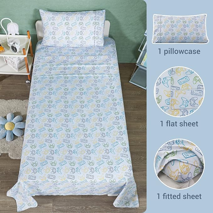 Viviland 3 Pieces Boys Grey Twin Sheet Set - Soft Microfiber Fitted Flat Sheets & Pillowcase - Game Player Paddle Printed Bedding Sets - for Kids & Toddlers
