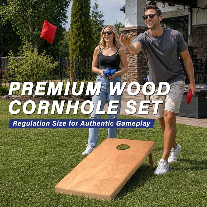 GoSports 4 ft x 2 ft Regulation Size Wooden Cornhole Boards Set with Light Brown Finish - Includes Carrying Case (Choose Your Colors)