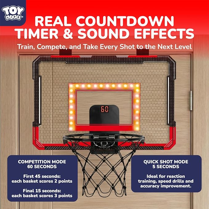 TOY Life LED Indoor Basketball Hoop for Kids, Over The Door Basketball Hoop Indoor Wall Mount with LED Scoreboard 4 Balls&Inflator, Basketball Game Toy for 3-9 Year Old