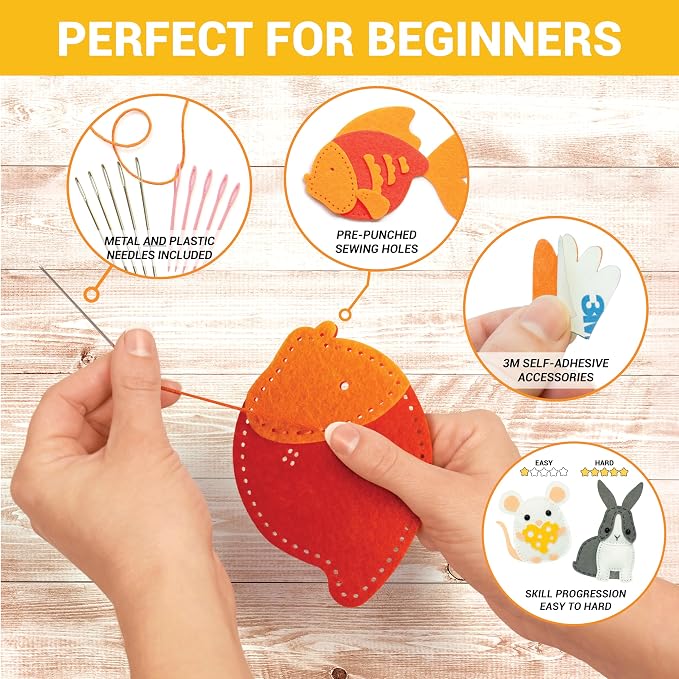Craftorama Sewing Kit for Kids, Fun and Educational Pets Craft Set for Boys and Girls Age 7-12, Sew Your Own Felt Animals Craft Kit for Beginners, 165 Piece Set