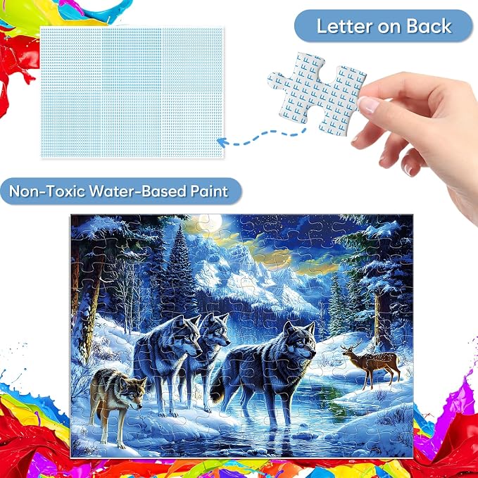 Jeacirio 100 Piece Jigsaw Puzzle for Kids Ages 6-8 8-10, Wolf Family in Snowy Mountain Forest, Educational Animal Puzzle, Screen-Free for Boys Girls