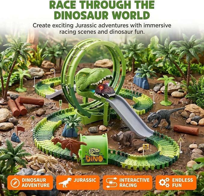 Dinosaur Race Track Toys for Boys 3-5, T-Rex Dinosaur Car Track Set with Giant Loop, Flexible Adventure Race Track Playset for Boys Age 4-7 Birthday Gifts
