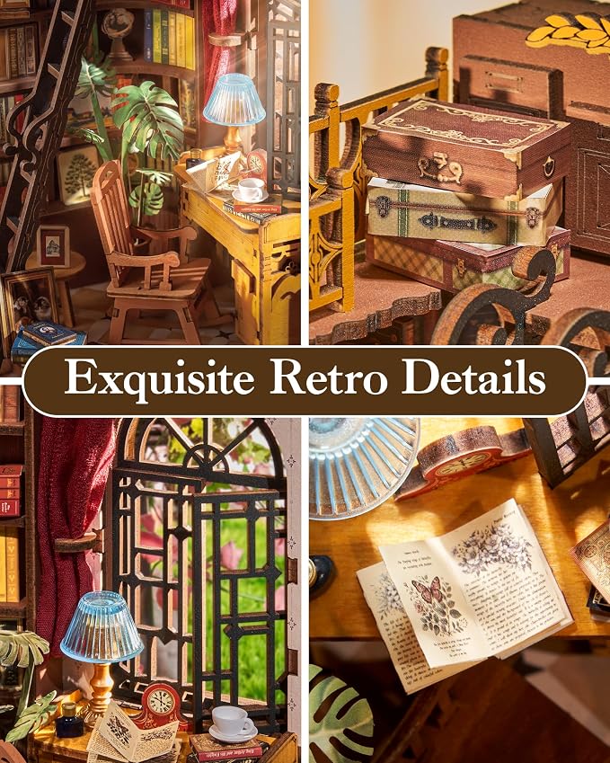ROBOTIME DIY Miniature Dollhouse Kit, Mini House Book Nook Kits Bookshelf Decor, Vintage Bookstore with Led Light, 3D Wooden Puzzle Gifts for Adults Book Lovers Family Friends (Silent Corner Study)