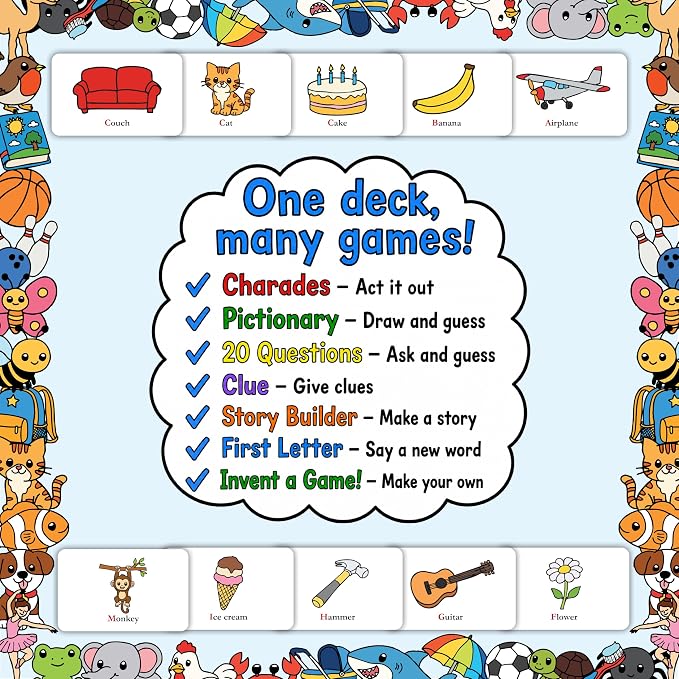 Picture Cards for Kids Ages 4+ – 94 Travel-Size Picture Cards for Charades, 20 Questions, Drawing Games, Storytelling & Guessing Games - Travel Games for Kids Ages 4-8