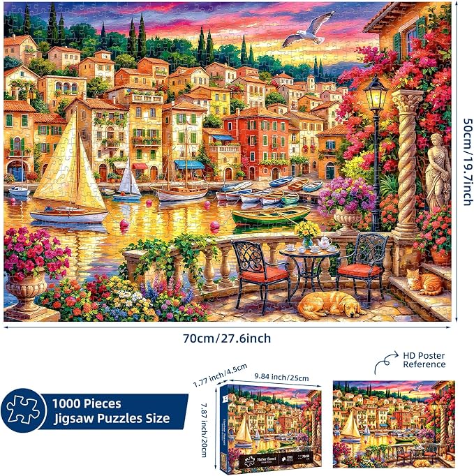 1000 Piece Puzzle for Adults, Seaside Harbor Sunset Jigsaw Puzzles for Adults 1000 Pieces, Fun Challenging Family Landscape Puzzle with Letters on Back, Colorful Harbor Houses Puzzles for Adults