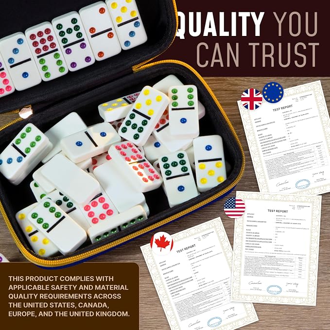Queensell Double 9 Dominos Set for Adults and Kids with Colored Dots – Classic Dominoes Game Set with 55 Tiles, Wooden Hub, Trains and EVA Carrying Case