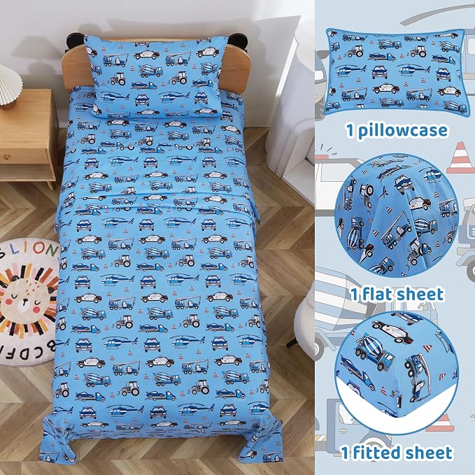 Viviland 3 Pieces Boys Police Car Twin Sheet Set - Soft Microfiber Fitted Flat Sheets & Pillowcase Bed Sheet Set - Blue Airplane Print Bedding Sets for Kids