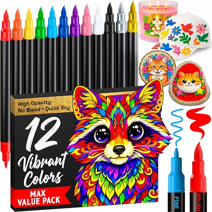 ARTISTRO 12 Acrylic Paint Markers - Paint Pens for Drawing - For Fabric, Rock, Glass, Wood, Molds - Arts & Crafts Gift for Adults, Teens, Kids, Classroom Must Haves & School Supplies