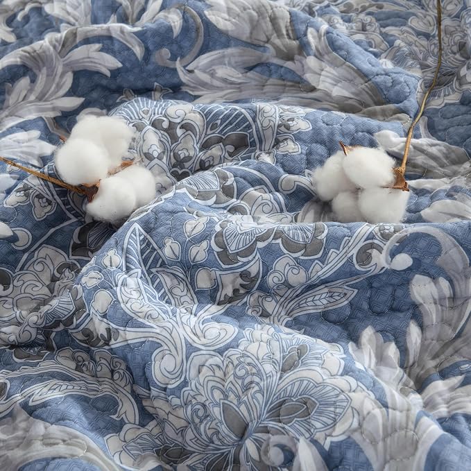 King Size Quilt Set - Dusty Blue and Gray Quilt Set King, 100% Cotton Floral Bedspread Set 3 Piece, Classic Damask Bedspread, Reversible Lightweight Quilt Bedding Set