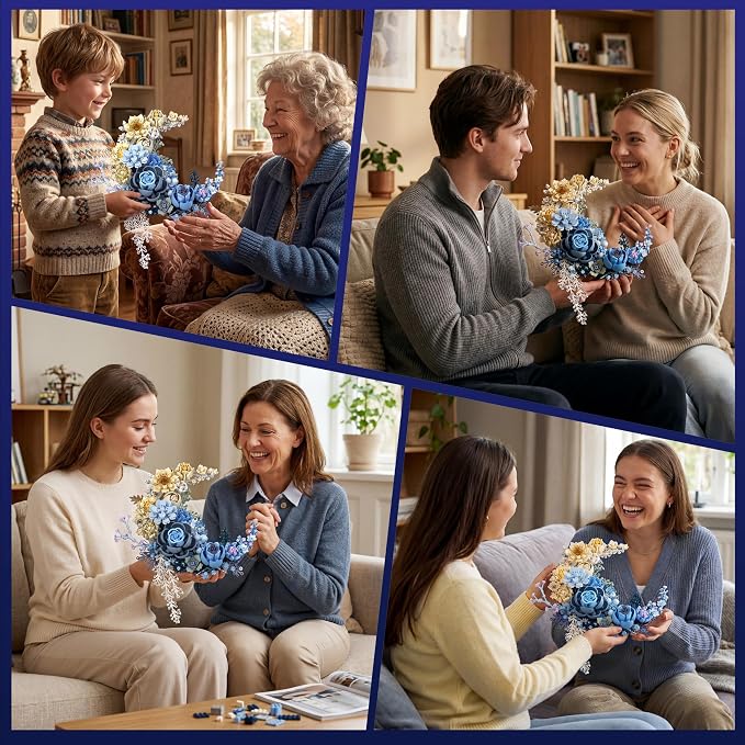 Blue Moon Flower Building Set, Botanical Collection Artificial Flowers Building Blocks Kit Compatible with Lego for Adults Home Décor Wall Art Decoration