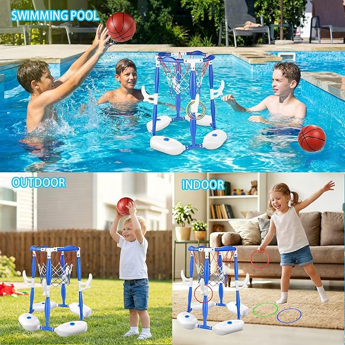 Pool Basketball Hoop, 2-in-1 Floating Basketball Hoop & Ring Games with 4 Balls 12 Rings and Pump, Outdoor Family Party Water Swimming Pool Basketball Float Toys for Kids Ages 4-8 8-12