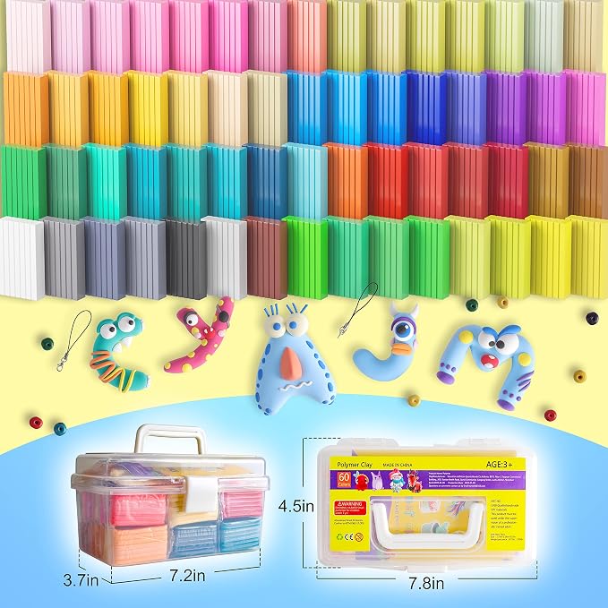 Cyajm 60 Colors Polymer Clay Kit, Individually Wrapped Oven Bake Modeling Clay, Non-Toxic Soft Molding Clay for Kids, DIY Craft Supplies for Jewelry & Classroom
