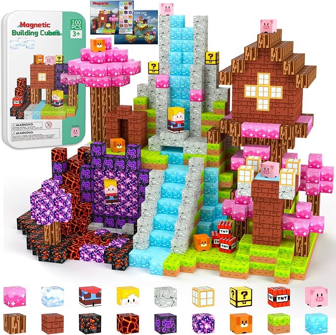 Magnetic Blocks Travel Magnetic Building Blocks Cubes - 100 PCS Tin Box Magnet Toys Set STEM Educational Stacking for Kids Ages 3 4 5 6 7 8 9 10 11 12 Year Old Boys Girls Birthday Christmas