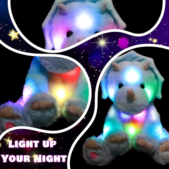 Light-up Singing Plush Blue Triceratops LED Musical Stuffed Animal Dinosaur Adjustable Volume Lullaby Plushies Birthday Christmas Toy Gifts for Kids Toddler Girls, 13"