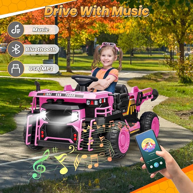 JOYRACER 24V 2 Seater Ride on Dump Truck w/400W Motors, Kids Ride On Car w/20'' Seat, Parent Remote, Electric Construction Vehicle w/Dump Bed & Shovel, 5Mph Max, Power Car Wheelers for Kids, Pink
