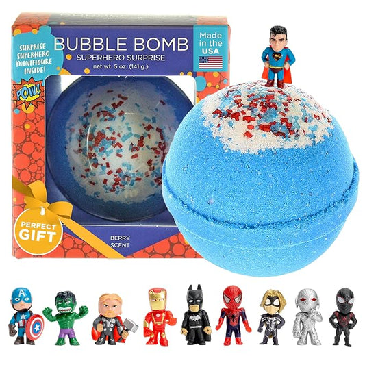 Superhero Bath Bombs for Kids & Boys with Surprise Hero Toys Inside (1 Pack) - Large Bubble Bath Bombs for Boys & Girls - Birthday Gift & Goodie Bags for Kids - Fruity Scent, USA Made by Two Sisters