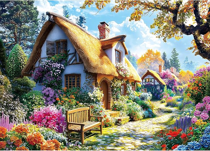 Thatched Cottage Garden Jigsaw Puzzle 1000 Pieces for Adults – Vibrant Floral Countryside Scene, Intricate Nature Art Puzzle, Stress-Relieving Relaxation Activity (27.56" x 19.69")