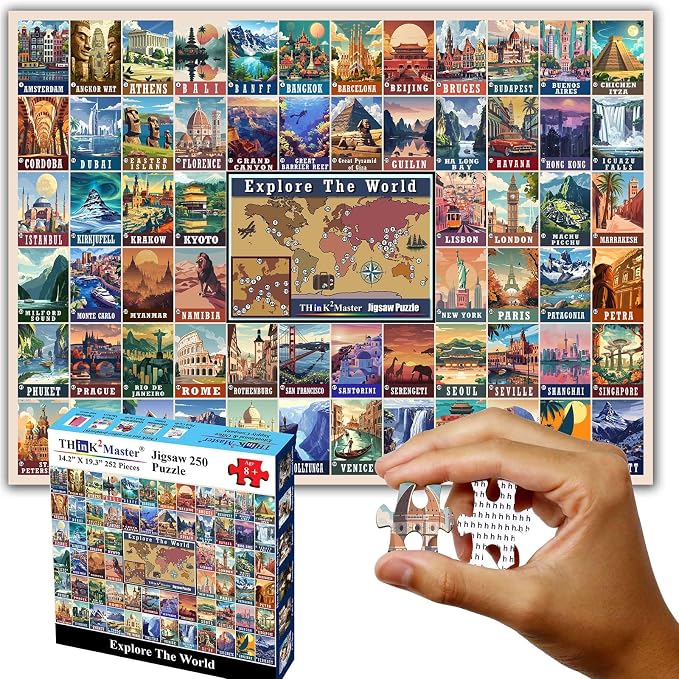 Think2Master Colorful Vintage World Destinations 250 Pieces Jigsaw Puzzle. Fun Educational Puzzle for Families. Great Gift for Teens & Adults with Interested in Traveling 14.2” X 19.3”