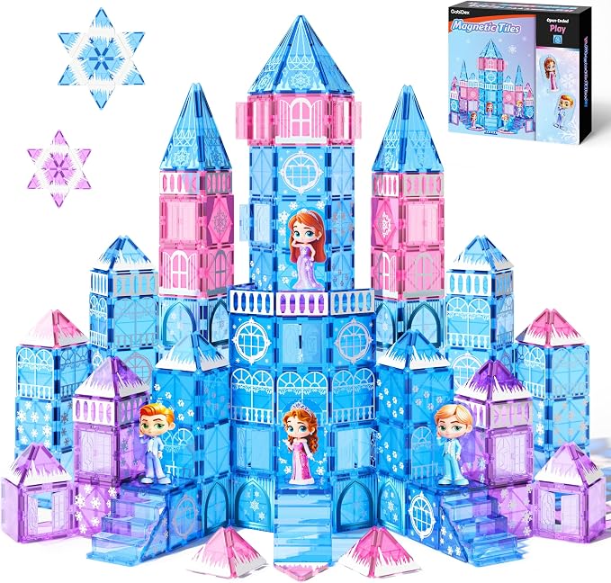 GobiDex 100PCS Magnetic Tiles Princess Castle with 4 Dolls & Stairs, Princess Magnetic Building Blocks for Kids Ages 3-5 4-8, Magnets Sensory Toddler Toys Birthday Gifts for 3+ Year Old Girls Boys