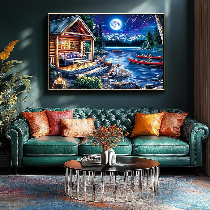Puzzles for Adults 1000 Pieces, Moonlit Canoe Lake Cottage Landscape Jigsaw Puzzle for 1000 Pieces Perfect for Challenging Game Nights, Finished Size 27.5"x19.7"