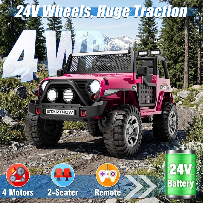 24V 4WD Ride on Truck Car w/800W Motors, 2 Seater, Remote Control, Gift Flower, 3 Speeds, Pop Music, Power 4 Wheels, 24 Volt Ride on Toy Cars for Big Kids Boys Girls, R-Red