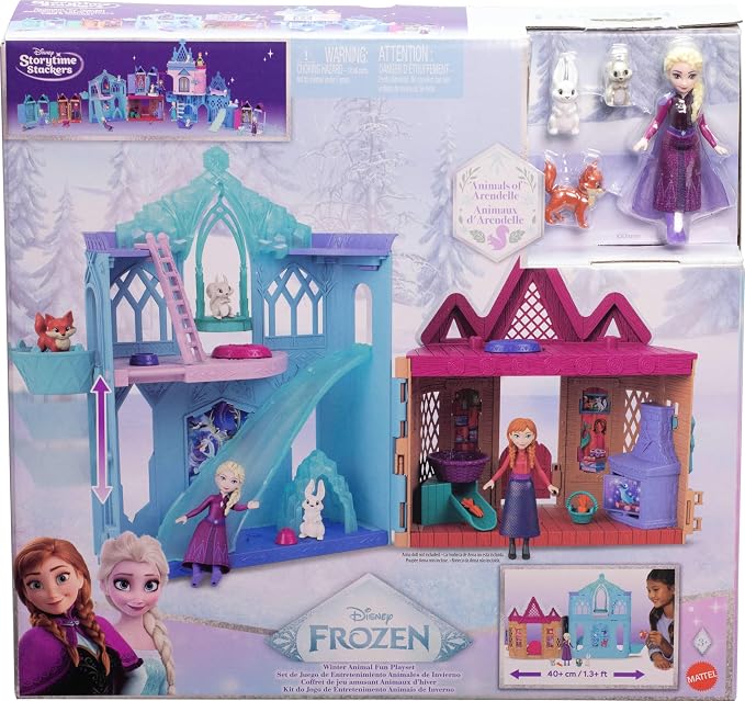 Mattel Disney Frozen Elsa Small Doll Playset w/ 10 Play Areas, 3 Animal Friends & 8 Accy, Storytime Stackers, Inspired by Animals of Arendelle | 3.5-inch Elsa doll with removable cape/skirt + 3 animal figures and 8 accessories. Create adventures in Are...