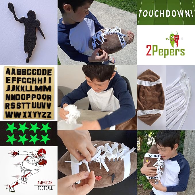 2Pepers Make Your Own American Football Pillow, Football Gifts for Boys and Girls Ages 3 4 5 6 7 8 9 10 Years and Up, DIY Arts and Crafts Kit for Kids, Sports Present, Boys Toys