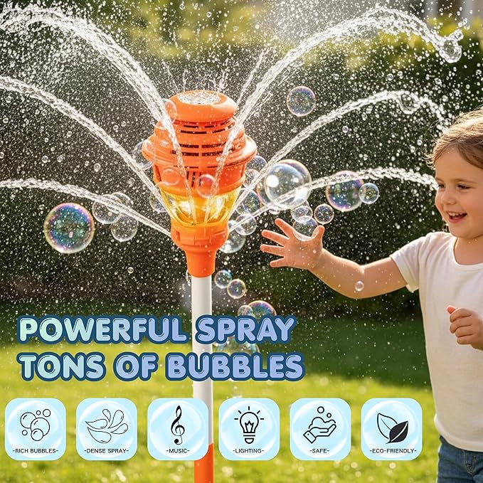 2-in-1 Standing Bubble Machine & Water Sprinkler for Kids, Battery Operated with Lights Music, Summer Outdoor Backyard Water Toy for Boys Girls Age 3+