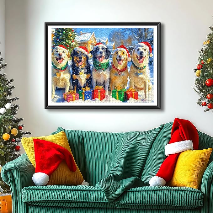 Christmas Dog Gathering 1000 Piece Puzzle for Adults, Fun Puzzles for Adults 1000 Pieces with HD Print & Poster, 27.5 * 19.7 in Dust Free, for Gifts Halloween Christmas Family Games Lovers