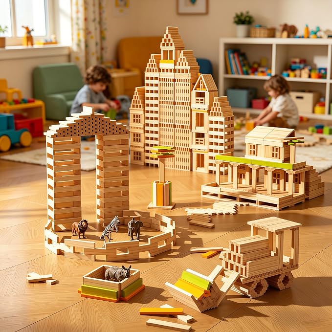 Premium 300 Pcs Natural Wooden Building Planks Building Blocks Kits for Kids 3-12, Open-Ended Classic Pine STEM Construction Toys Set for Castles, Bridges & Towers, Educational Learning Gift (4.7 in)