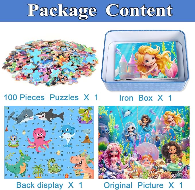 MZZOTOY Mermaid Princess Puzzles for Kids Ages 4-8, 100 Pieces Jigsaw Puzzles for Kids Ages 3-5 Puzzle for Girls and Boys Learning Educational Puzzles Toys in a Metal Box
