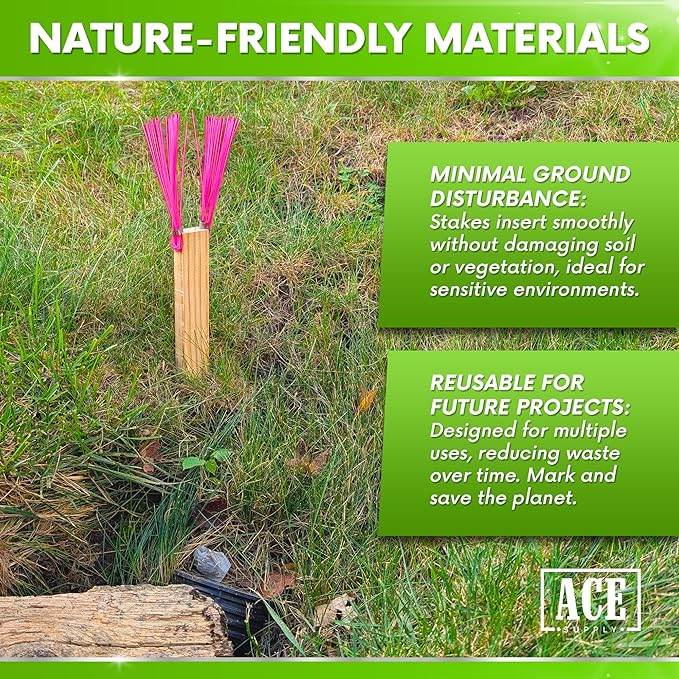 ACE Supply Pink Marking Whiskers with Stakes - Pack of 100 - Durable Marking Whisker Set - Use Survey Whiskers As Ground Markers, Construction Markers, Or Trail Markers