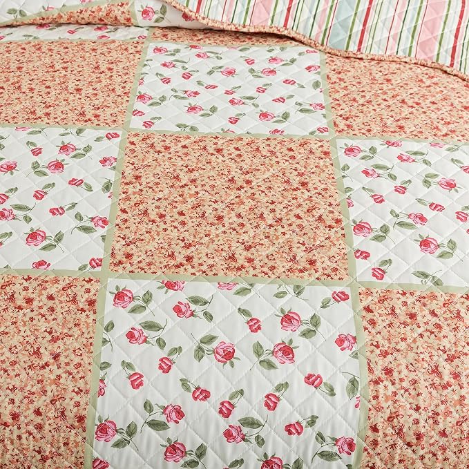 NEWLAKE Quilt Set King Size, Bedspread Sets Warm Orange Floral, Reversible Quilt Bedding Set Lightweight and Breathable for All Seasons, Soft Quilted Bedspread with 2 Pillow Shams