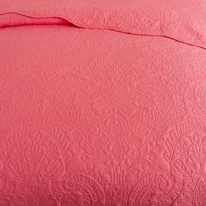 HoneiLife Queen Quilt Bedding Set - Microfiber Quilt Sets for Queen Bed, 3-Piece Lightweight Bedspreads,Reversible Coverlets Rustic Bedlinen Sets, Floral Bedding Set All Season Quilts-Sugar Coral